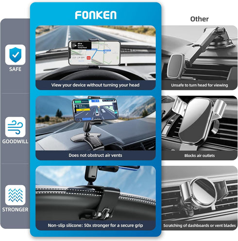 FONKEN 360 360 4 7" Universal Dashboard Cell Phone Holder, Upgrade Clip Car Phone Holder Mount for Dashboard Degree
