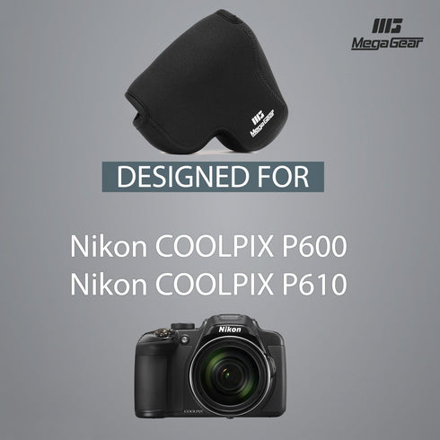 MegaGear "Ultra Light" Neoprene Camera Case Bag with Carabiner for Nikon COOLPIX P600, P610 (Black), PU Leather