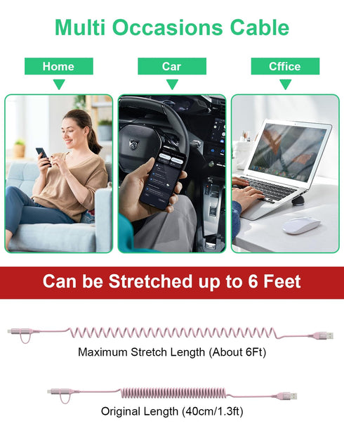 Pink Retractable Car Charger Coiled Lightning Cable, 2 in 1 for Apple Carplay & Android Auto