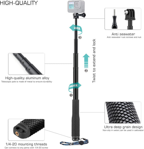 GEPULY 13 12 11 10 9 8 7 6 5 6 5 Waterproof Selfie Stick Pole Hand Grip Adjustable Underwater Monopod for GoPro Hero