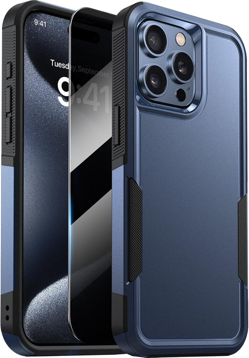 Diaclara iPhone 15 Pro Max Case - Dark Blue, Military Grade Drop Protection, Anti-Spy Privacy Screen Protector, Heavy
