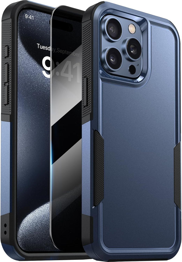 Diaclara iPhone 15 Pro Max Case - Dark Blue, Military Grade Drop Protection, Anti-Spy Privacy Screen Protector, Heavy