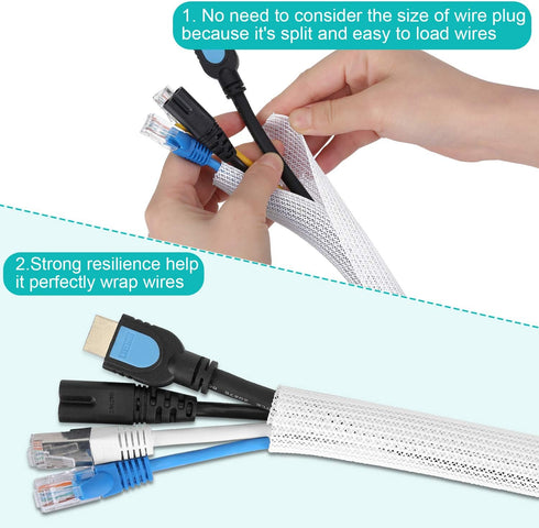 20ft - 1/2 inch White Cable Sleeve, Cable Organizer for Desk PC TV, Wire Protector Cover for Home Office