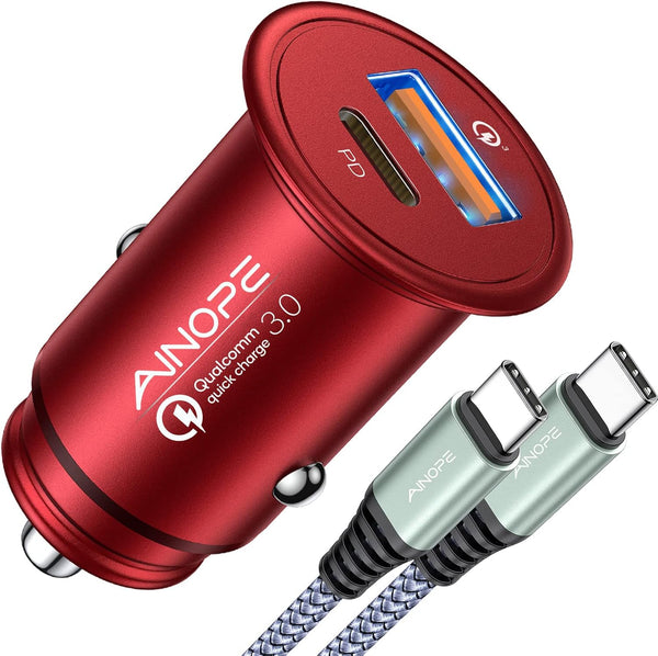 AINOPE USB C Car Charger 67.5W, Red Car Accessories Car Charger USB C for iPhone, Super Mini All Metal Fast Charging