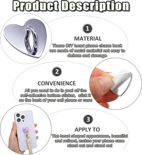 SiLnmLih 12 Pcs Metal Phone Finger Grip Hook Adhesive Heart Shaped Phone Charm Hook Smartphones Accessories Charm Loop