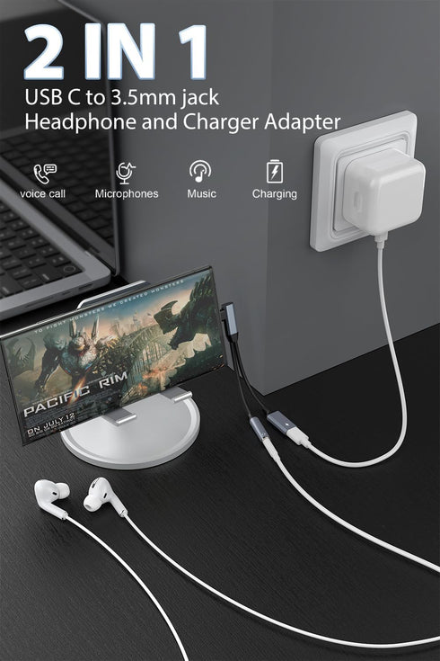 MTAKYI iPhone 15 Headphone Adapter, 2 in 1 USB C to 3.5mm Headphone and Charger Adapter HiFi DAC with 60W Fast Charging Dongle Adapter Compatible with iPhone 15 15Pro Galaxy S23 S22 S21 S20+ Note 20