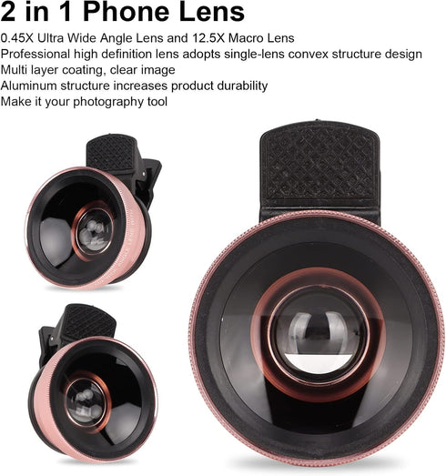 2 in 1 Cell Phone Lens Kit, Professional 0.45X Wide Angle 12.5X Macro Phone Camera Lens with Clip, Detachable HD Lens