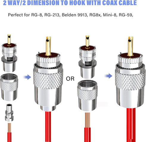 Anina PL259 Coaxial Connectors UHF Male Solder Plug with Reducer for RG8 RG59 RG8x LMR-400, 2-Pack