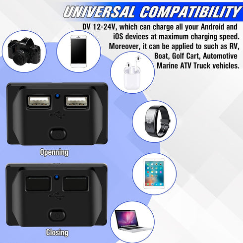 2Pcs 12V/24V RV USB Outlet with On/Off Switch, Quick Charger QC 3.0 Wall Mount USB Charging Station