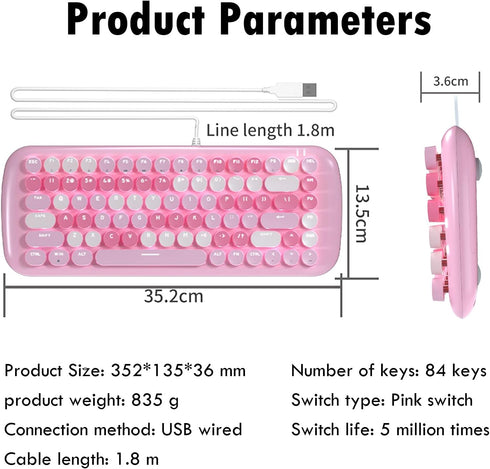 Lomiluskr Cute Colorful Wired Mechanical Keyboard for Girls, Compact 84 Keys with Round Keycaps, Pink Switch