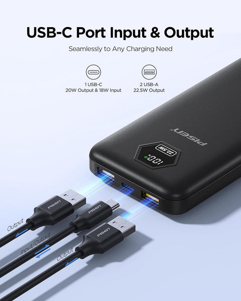 PISEN 10000mAh 3C 10000mAh 22.5W Pack 3C 2USB-A, 1USB-C Power Bank - CCC Certified Power Bank, Travel Battery Portable