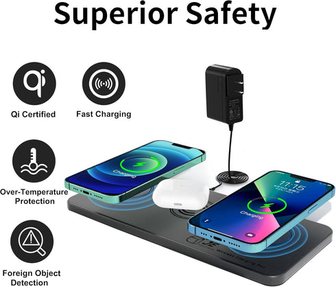 Triple Wireless Charger Pad - 15W Fast Charging Station for Apple iPhone 16/15/14/13/12 Pro/Max/Plus, AirPods,