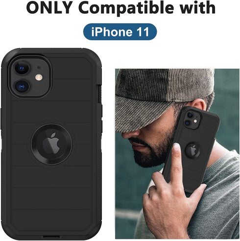 Heavy Duty Case for iPhone 11, Built-in Screen Protector, Full Body Rugged Shockproof Dust Proof Cover, Black-B