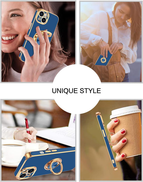 BENTOBEN Slim Fit 360° Ring Holder Case for iPhone 15, Shockproof Kickstand Magnetic Car Mount Supported, Navy Blue