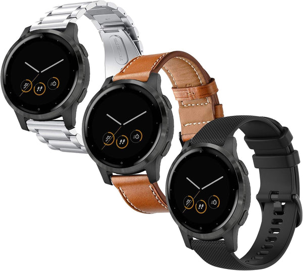 Compatible Garmin Vivoactive 4S Band, 18mm Silicone+Leather+Stainless Steel for Vivomove 3S, Fossil Gen 5E (3 Pack)