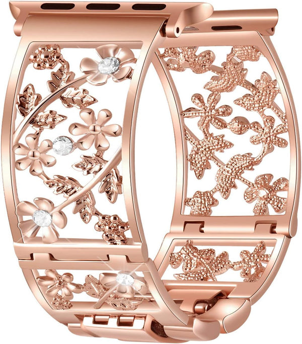 Floral Band Compatible with Apple Watch Jewelry Band 38mm 40mm 41mm 42mm, Bling Crystal Bracelet Strap for Women (Rose