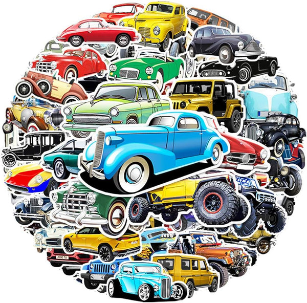 Classic Vintage Car Stickers for Teens, 100 Pcs Waterproof Vinyl Decorative Stickers for Laptop and Hydroflasks