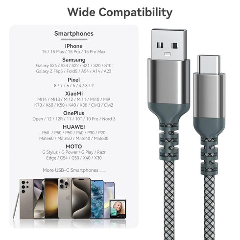 USB C Charger Cable, Fast Charging Type C Cable, Nylon Braided USB A to USB C for iPhone 15/15 Pro, MacBook, Samsung