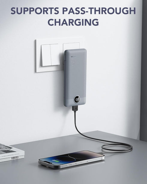 VRURC Portable Charger 10000mAh, Built-in Cables and AC Wall Plug, USB C Power Bank for Smart Phones and Tablets (Grey)