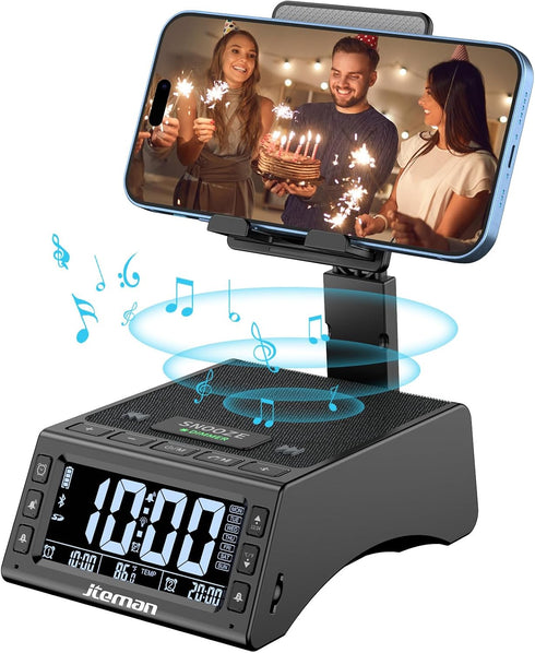 JTEMAN Gifts for Men Women, Cell Phone Stand with Wireless Bluetooth Speaker, Adjustable Tech Kitchen Gadget, Black