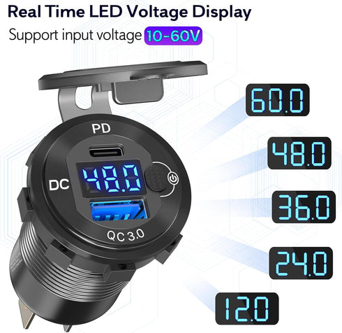 High Voltage USB Outlet 12V-60V Aluminum Car Charger Socket, PD 30W USB C and QC 36W Waterproof Cigarette Lighter