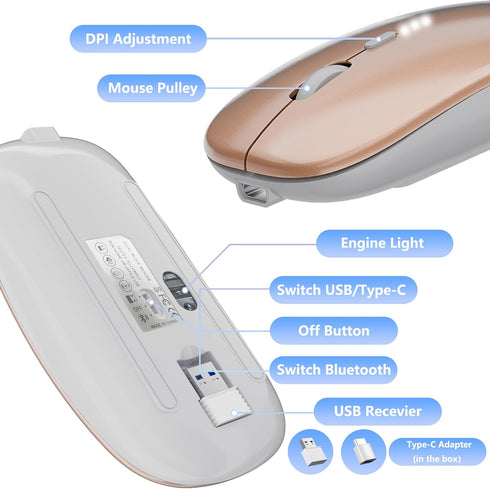 Slim Rechargeable Wireless Silent Mouse, 2.4G & Bluetooth Technology for Laptop/PC/Mac/iPad - Gold