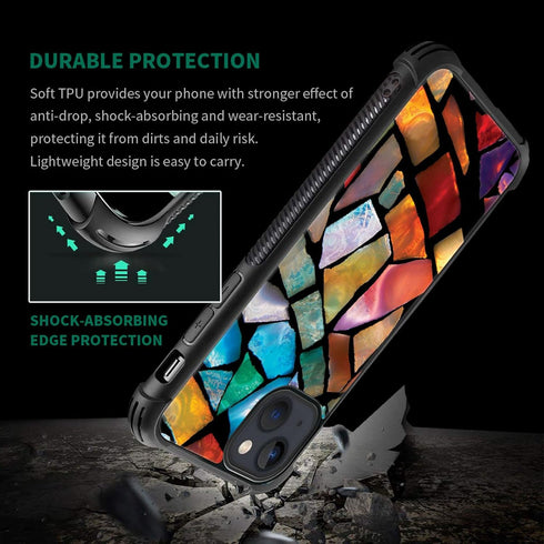 ZHEGAILIAN Stained Glass Mosaic Case for iPhone 15, Tempered Glass Back + Soft Silicone TPU Shock Protective