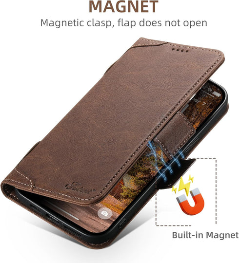 SINIANL Wallet Case for iPhone 15 Pro Max, Magnetic Leather Flip Folio Cover with Card Holder for Men Women, Brown