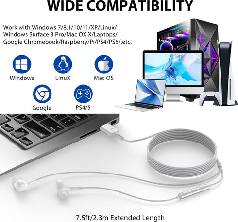 USB Headphone for PC Laptop Magnetic Wired Earbuds Computer Headset with Microphone Control Mute Mic Noise Canceling in-Ear Silicone Cap Corded Earphone for MacBook Pro Office Work School Zoom Travel