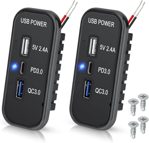 Linkstyle 3 Ports 12V USB Outlet, PD3.0 Type C Port, QC 3.0 USB A 2.4A Fast Charger Socket Power Adapter - 2pcs