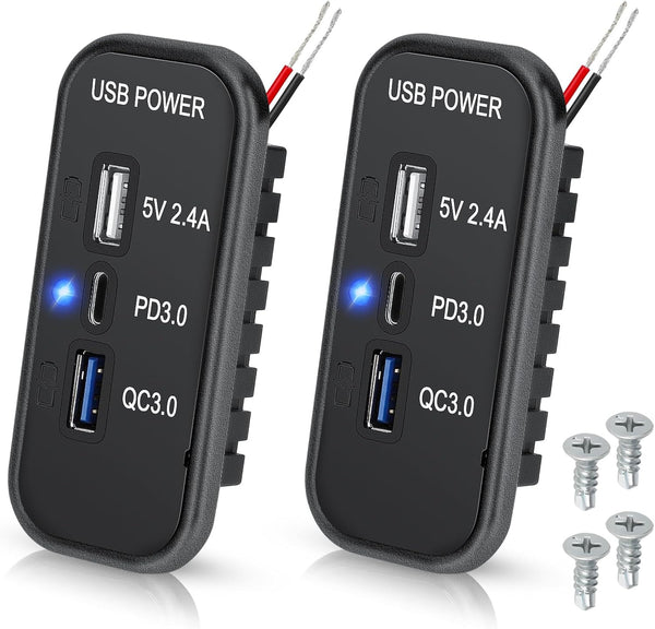 Linkstyle 3 Ports 12V USB Outlet, PD3.0 Type C Port, QC 3.0 USB A 2.4A Fast Charger Socket Power Adapter - 2pcs