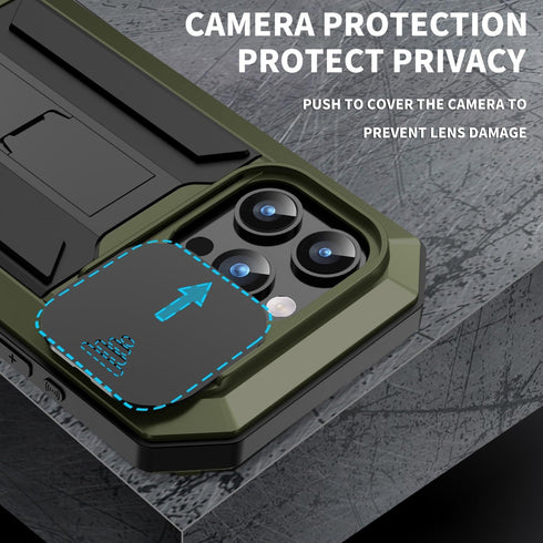 JINGANGYU 15 Metal Heavy Duty Phone Case Compatible with iPhone with Kickstand Built-in Gorilla Glass Lens Slide Camera