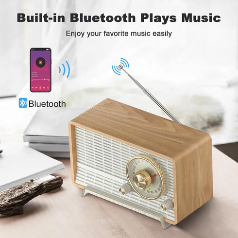YOWGUIF AM FM Radio Classic Retro Wood Table Radio with Bluetooth Speakers for Home and Office