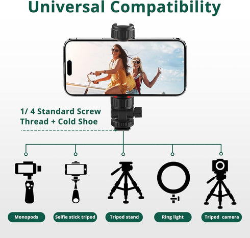 ATUMTEK Universal Smartphone Mount Adapter with 2 Cold Shoe and 1/4" Standard Screw, 360° Rotates Adjustable Clamp