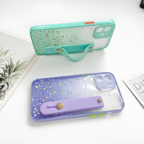 siduater Strap Holder Case for 6.1" iPhone 12 with Wristband Kickstand, Bling Glitter Clear Cover Soft TPU Bumper