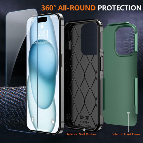iPhone 15 Case - Dark Green, Shockproof with 15 FT Military Grade Drop Protection & 2X Tempered Glass Screen Protectors.