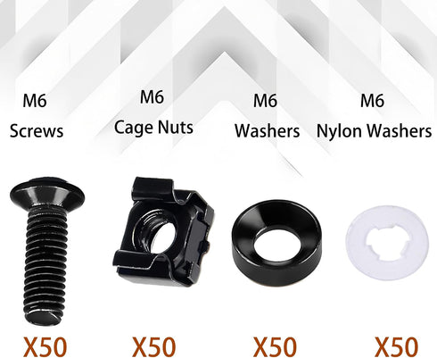 ZCLGOOD 50PCS M6 16mm Set, x Rack Mount Cage Nuts, Screws & Nylon Washers Black Carbon Steel Hardware Kit for Server