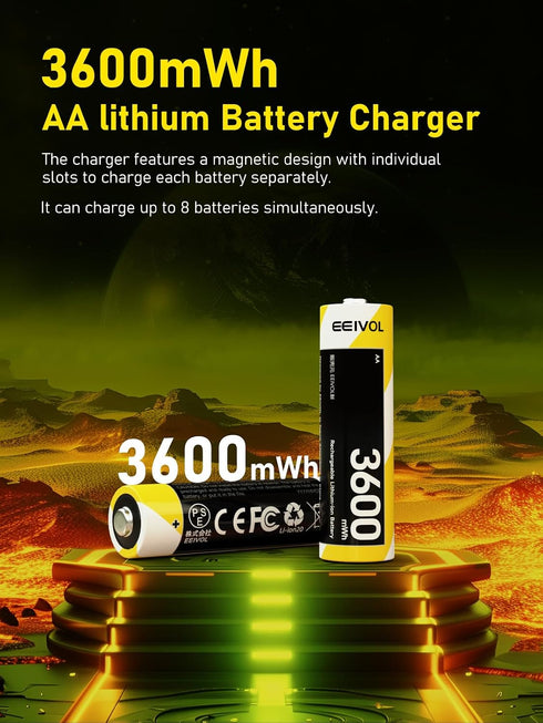 GrnOas.E 8 Pack 1.5V 3600mWh, 350mA, IP67 Rechargeable AA Batteries & Fast Charger, Integrated Charging Box