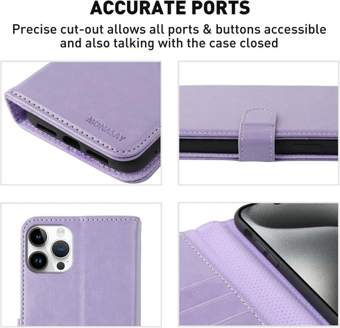 MONASAY Wallet Case for iPhone 15 Pro Max 5G, 6.7-inch, Flip Folio Leather Cover with Credit Card Holder, Lavenders
