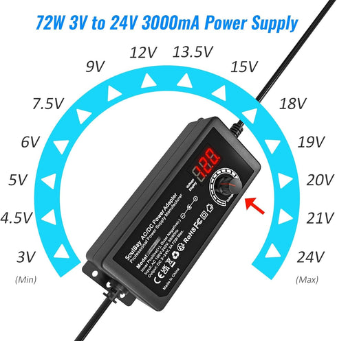 SoulBay Universal AC DC Power Supply Adapter, 72W 3V to 24V Output with Adjustable Voltage for Household Electronics