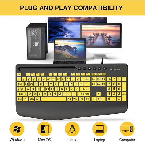 SABLUTE Large Print Keyboard Wired Computer Keyboards with Wrist Rest, Big Letters Easy to Read for Windows