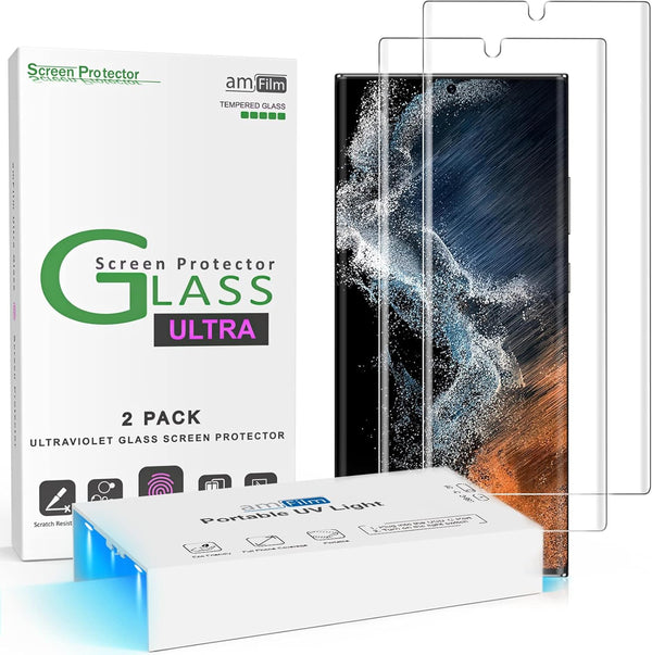 amFilm 3D Curved Tempered Glass for S22 Ultra Screen Protector Samsung Galaxy 5G 6.8 Inch, UV Gel Application (2 Pack)
