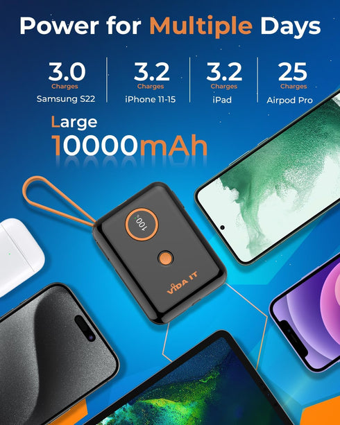 Vida IT Small Compact Power Bank, 10000mAh Mini Portable Charger for Heated Vest, Fast Charging USB-C for iPhone