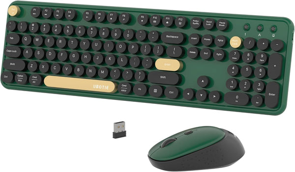 UBOTIE Colorful Wireless Computer Keyboards Mouse Combos, Retro PC Keyboards with Optical Mouse (Green-Black)