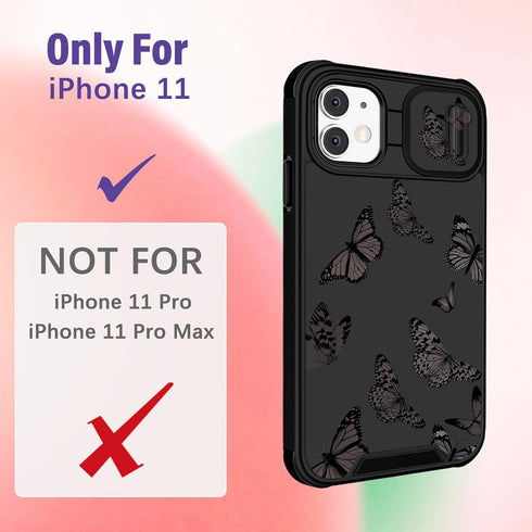 (2in1 for iPhone 11 Case for Women Butterfly Cute Girls Phone Cover Girly Pretty Aesthetic Kawaii Black Butterfly Unique Design with Camera Cover and Ring Stand Funda for Apple 11 Case