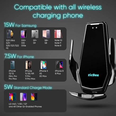 15W Wireless Car Charger - zicBee Qi Fast Charging Auto Clamping Phone Holder for iPhone 15/14/13/12/11 and Samsung