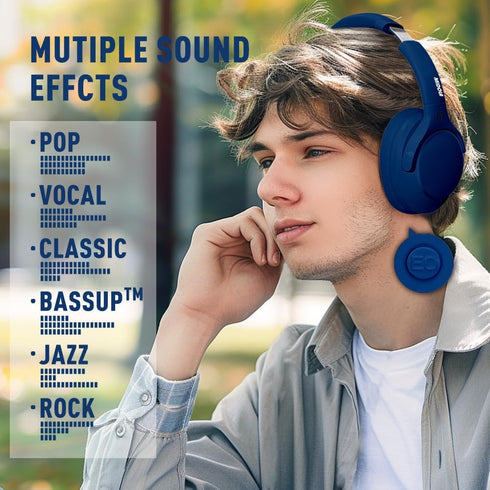Bluetooth Headphones Over Ear 68H Playtime 6 EQ Wireless Headset with Microphone HiFi Stereo Foldable Lightweight Deep Bass for Travel Home Office Cellphone Blue