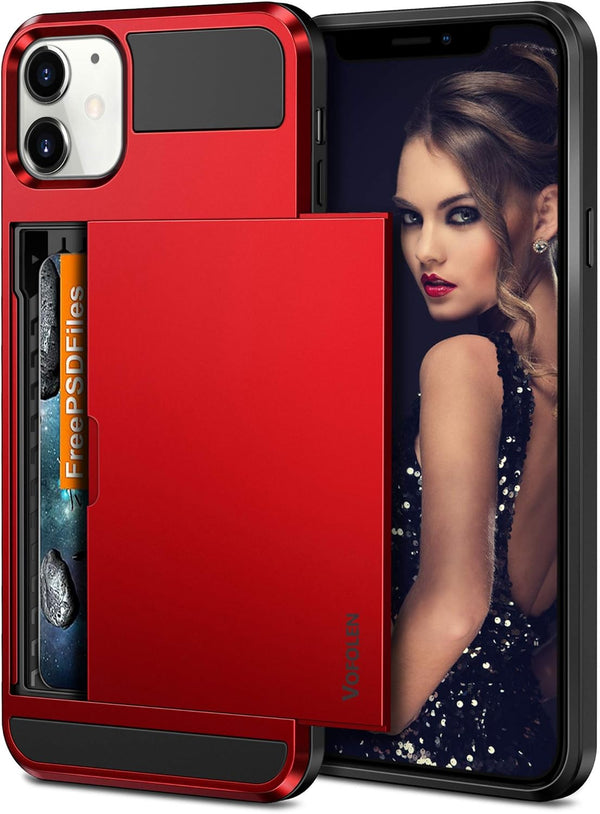 Vofolen iPhone 12 Case 5G, Red Wallet Cover with Credit Card Holder Slot, Anti-Scratch Dual Layer Protective
