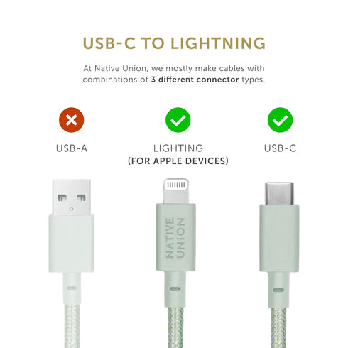 Native Union Belt Cable USB-C to Lightning, 10ft Ultra-Strong Reinforced Cable for iPhone 14 and Earlier (Sage)
