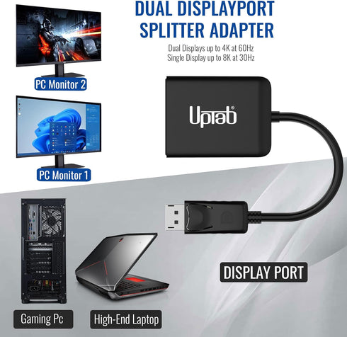 uptab DisplayPort to Dual DisplayPort Adapter 8K Multi Monitor Splitter, Converter Multi-Stream Transport (MST) Hub